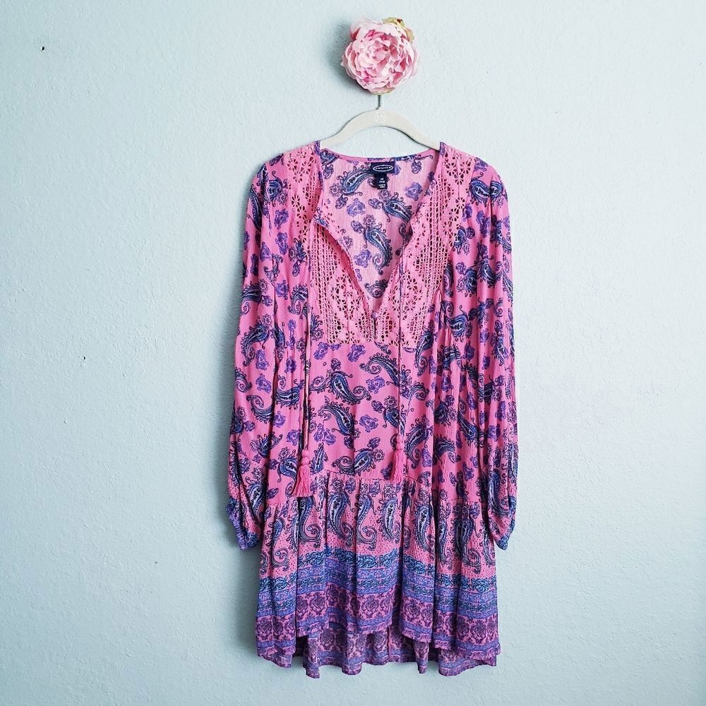 Scoop Crochet Pink Bohemian Long Sleeve Mini Dress